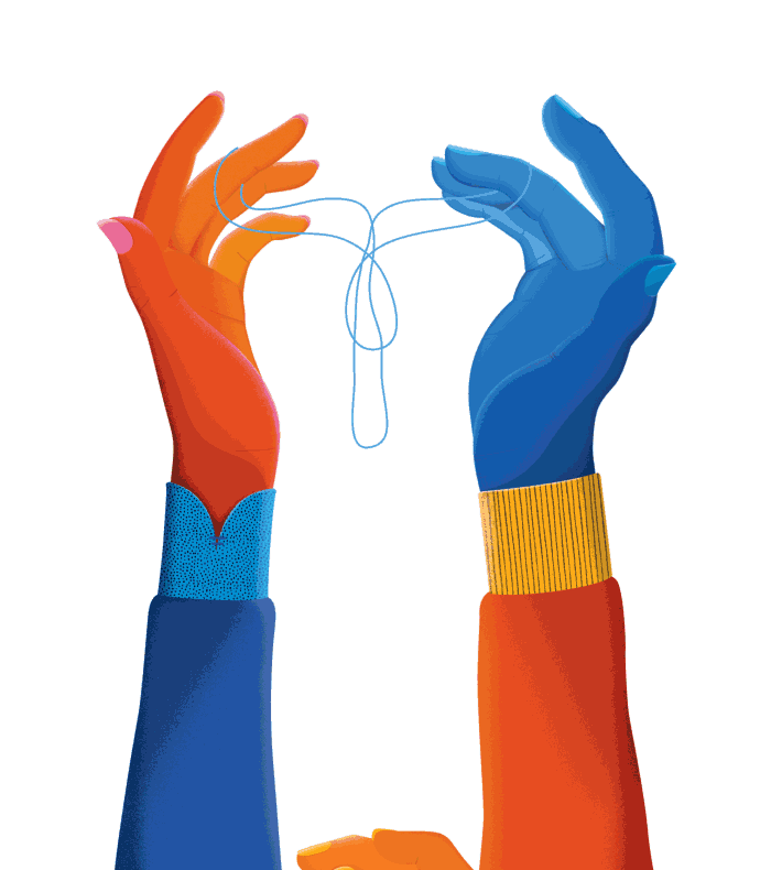 Image of three hands tying a knot